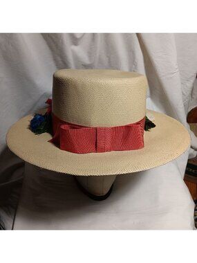 Vintage Bolero Beige Straw Hat Sunfy Granny Red Band Floral Decoration 21 1950's
